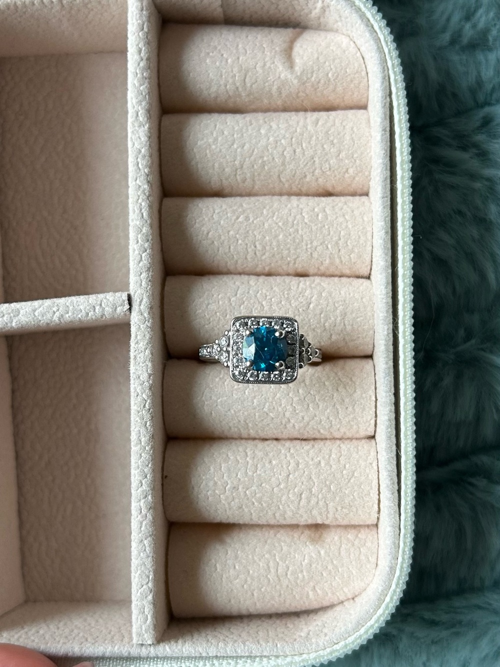 Blue Diamond Halo Ring in White Gold - Women's Jewelry